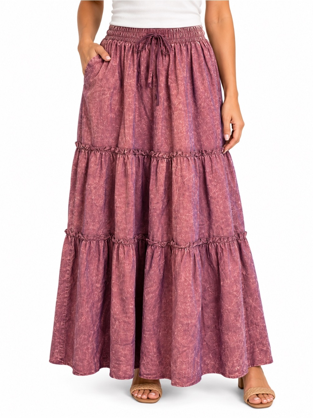 Zenana Outfitters Plum Acid Wash Tiered Ruffle Cotton Maxi Skirt Size 1X